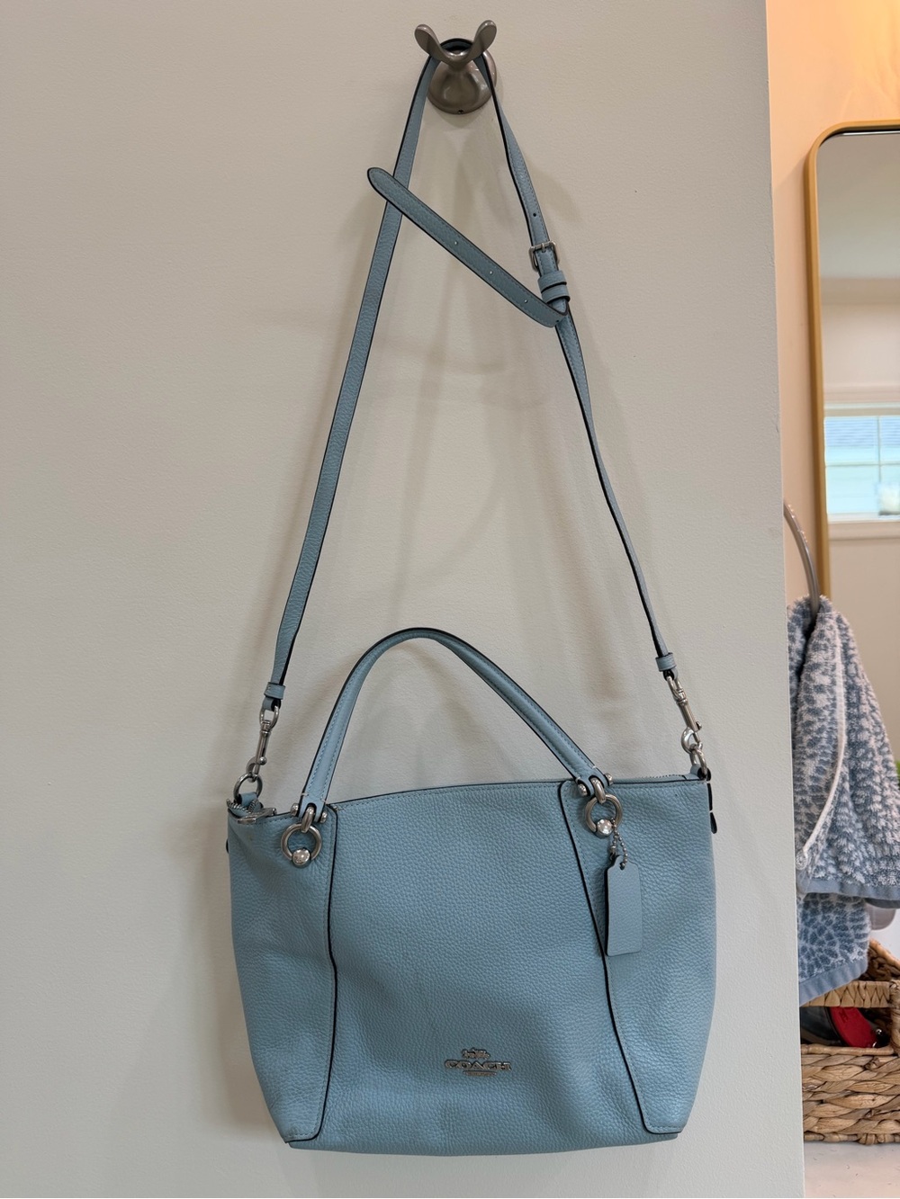 Coach Kacey Satchel. Pebbled Leather Tote Bag in Light Blue